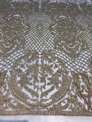 Beaded Feather Fabric - Honey Gold Embroidered Luxury Mesh Lace with Beads and Feathers By The Yard