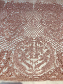 Beaded Feather Fabric - Dusty Rose - Embroidered Luxury Mesh Lace Beads and Feathers By The Yard