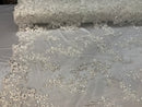 Floral Lace Fabric - Ivory - Flowers Embroidery Sequins Mesh Design Fabric Sold By The Yard