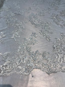 Floral Lace Fabric - Ivory - Flowers Embroidery Sequins Mesh Design Fabric Sold By The Yard