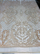 Beaded Feather Fabric - Champagne - Embroidered Luxury Mesh Lace with Beads and Feathers By The Yard
