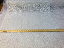 Beaded Feather Fabric - White - Embroidered Luxury Mesh Lace with Beads and Feathers By The Yard