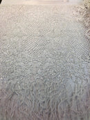 Beaded Feather Fabric - White - Embroidered Luxury Mesh Lace with Beads and Feathers By The Yard