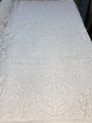 Beaded Feather Fabric - White - Embroidered Luxury Mesh Lace with Beads and Feathers By The Yard