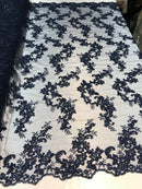 Floral Lace Fabric - Navy - Flowers Embroidery Sequins Mesh Design Fabric Sold By The Yard
