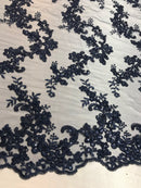 Floral Lace Fabric - Navy - Flowers Embroidery Sequins Mesh Design Fabric Sold By The Yard