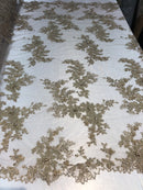 Beaded Fabric - Champagne - Embroidered Flower Lace Fabric with Beads On A Mesh Sold By The Yard