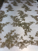 Beaded Fabric - Champagne - Embroidered Flower Lace Fabric with Beads On A Mesh Sold By The Yard