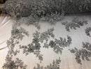 Beaded Fabric - Silver - Embroidered Flower Lace Fabric with Beads On A Mesh Sold By The Yard