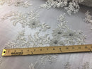 Beaded Fabric - Ivory - Embroidered Flower Lace Fabric with Beads On A Mesh Sold By The Yard