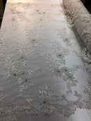 Beaded Fabric - Ivory - Embroidered Flower Lace Fabric with Beads On A Mesh Sold By The Yard