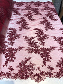 Beaded Fabric - Burgundy - Embroidered Flower Lace Fabric with Beads On A Mesh Sold By The Yard