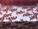 Beaded Fabric - Burgundy - Embroidered Flower Lace Fabric with Beads On A Mesh Sold By The Yard