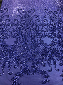 4 Way Stretch - Lilac - Damask Net Design Sequins On Mesh Elegant Fashion Fabrics Sold By Yard