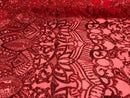 Hologram Red  - 4 Way Stretch Embroidered Royalty Sequins Design Fabric By Yard