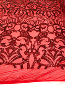 Hologram Red  - 4 Way Stretch Embroidered Royalty Sequins Design Fabric By Yard