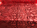 Hologram Red  - 4 Way Stretch Embroidered Royalty Sequins Design Fabric By Yard