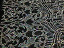 Hologram Silver / Black Mesh  - 4 Way Stretch Embroidered Royalty Sequins Design Fabric By Yard