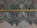 Hologram Silver / White Mesh - 4 Way Stretch Embroidered Royalty Sequins Fancy Design Fabric By Yard