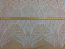 White / Nude Mesh - 4 Way Stretch Embroidered Royalty Sequins Fancy Design Fabric By Yard