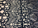 Hologram Navy / Beige Mesh - 4 Way Stretch Embroidered Royalty Sequins Fancy Design Fabric By Yard