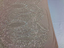 Iridescent Clear - 4 Way Stretch Embroidered Royalty Sequins Design Fabric By Yard