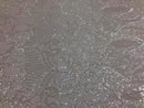 Iridescent Clear - 4 Way Stretch Embroidered Royalty Sequins Design Fabric By Yard