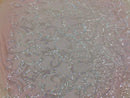 Iridescent Clear - 4 Way Stretch Embroidered Royalty Sequins Design Fabric By Yard