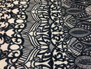 Hologram Navy / Blush Mesh - 4 Way Stretch Embroidered Royalty Sequins Design Fabric By Yard