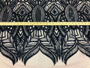 Hologram Navy / Blush Mesh - 4 Way Stretch Embroidered Royalty Sequins Design Fabric By Yard