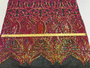 Hologram Fuschia / Orange - 4 Way Stretch Embroidered Royalty Sequins Design Fabric By Yard