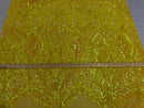 Hologram Yellow  - 4 Way Stretch Embroidered Royalty Sequins Design Fabric By Yard