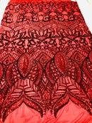 Hologram Red - 4 Way Stretch Embroidered Royalty Sequins Design Fabric By Yard