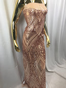 Geometric Sequins Fabric with 4 Way Stretch - Rose Gold -  Elegant Lace  Fabrics Sold By The Yard