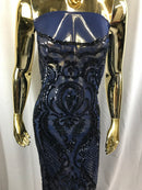 Fancy Design Sequins Fabric with 4 Way Stretch - Navy -  Beautiful Fabrics Sold By The Yard
