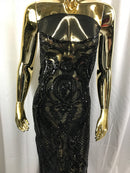 Fancy Design Sequins Fabric with 4 Way Stretch - Black  -  Beautiful  Fabrics Sold By The Yard