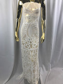 White - 4 Way Stretch Embroidered Royalty Sequins Design Fabric By Yard