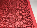 Red Sequin - 4 Way Stretch Embroidered Royalty Sequins Fancy Design Fabric By Yard