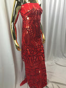 Red Sequin - 4 Way Stretch Embroidered Royalty Sequins Fancy Design Fabric By Yard