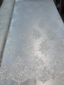 Flower Lace Fabric - Ivory - Floral Clusters Embroidered Lace Mesh Fabric Sold By The Yard