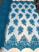 Flower Lace Fabric - Teal - Floral Clusters Embroidered Lace Mesh Fabric Sold By The Yard