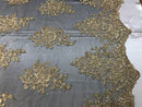Flower Lace Fabric - Gold on Black - Floral Clusters Embroidered Lace Mesh Fabric Sold By The Yard