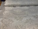 Flower Lace Fabric - White - Floral Clusters Embroidered Lace Mesh Fabric Sold By The Yard