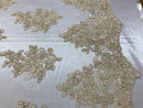 Flower Lace Fabric - Light Beige - Floral Clusters Embroidered Lace Mesh Fabric Sold By The Yard