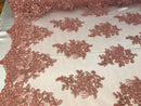 Flower Lace Fabric - Mauve - Floral Clusters Embroidered Lace Mesh Fabric Sold By The Yard