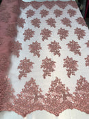 Flower Lace Fabric - Mauve - Floral Clusters Embroidered Lace Mesh Fabric Sold By The Yard