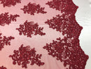 Flower Lace Fabric - Burgundy - Floral Clusters Embroidered Lace Mesh Fabric Sold By The Yard
