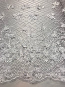 3D Floral Design - Ivory - Embroidered 3D Flowers on Triangle Net Mesh Sold By The Yard