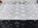 3D Floral Design - Ivory - Embroidered 3D Flowers on Triangle Net Mesh Sold By The Yard