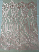 Leaf Pattern Fancy Lace Fabric - Blush Pink - Embroidered Design on Lace Mesh By Yard